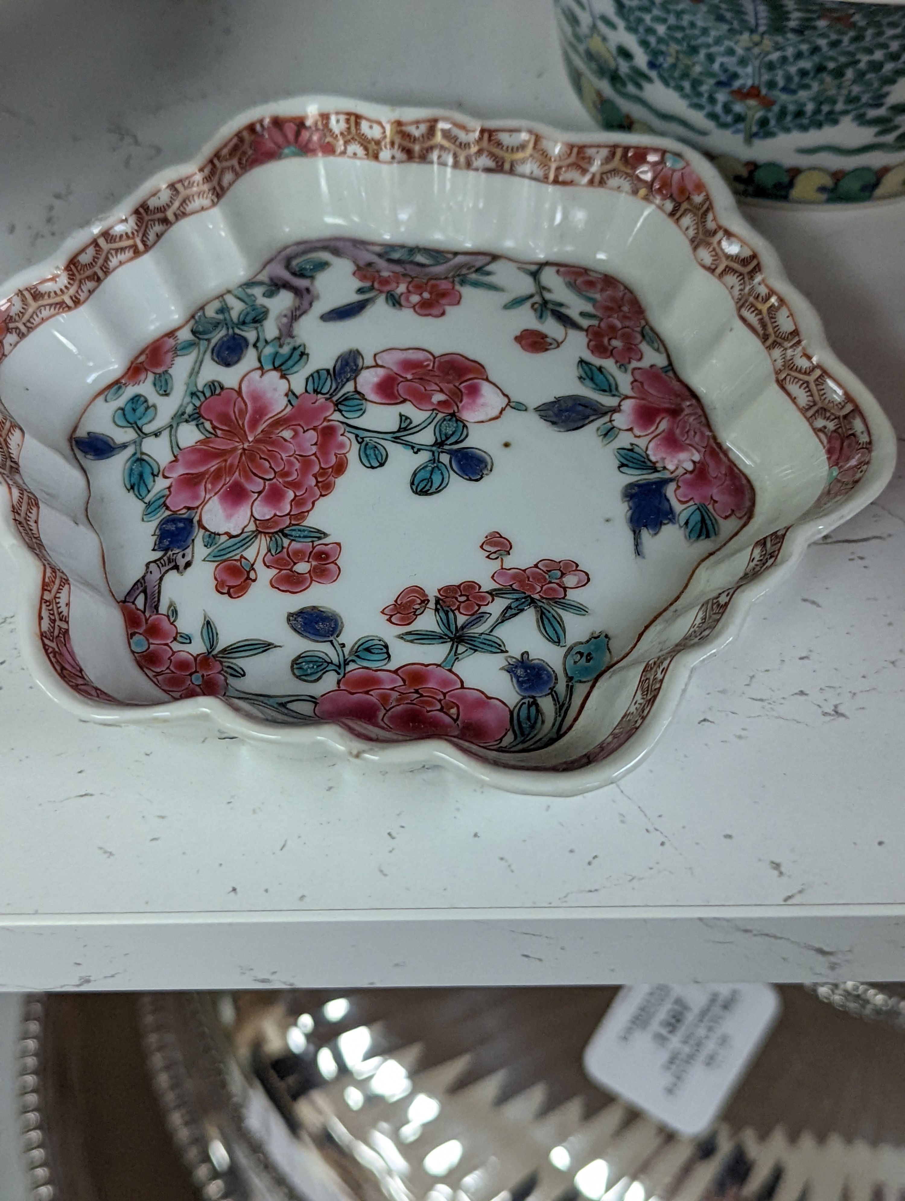 A Chinese blue and white bowl, Kangxi, 15cm. diam., a famille rose teapot stand, Yongzheng, and two doucai bowls